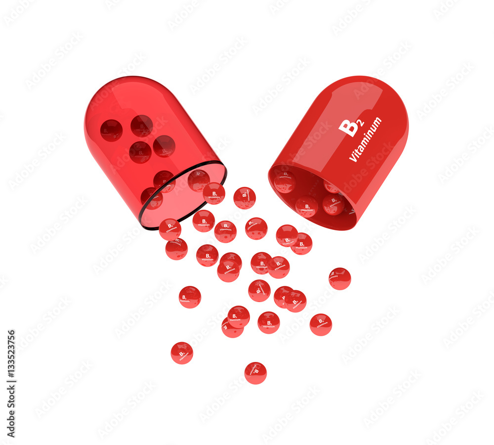 3d rendering of B2 vitamin pill with granules 3d rendering of B2 vitamin pill with granules