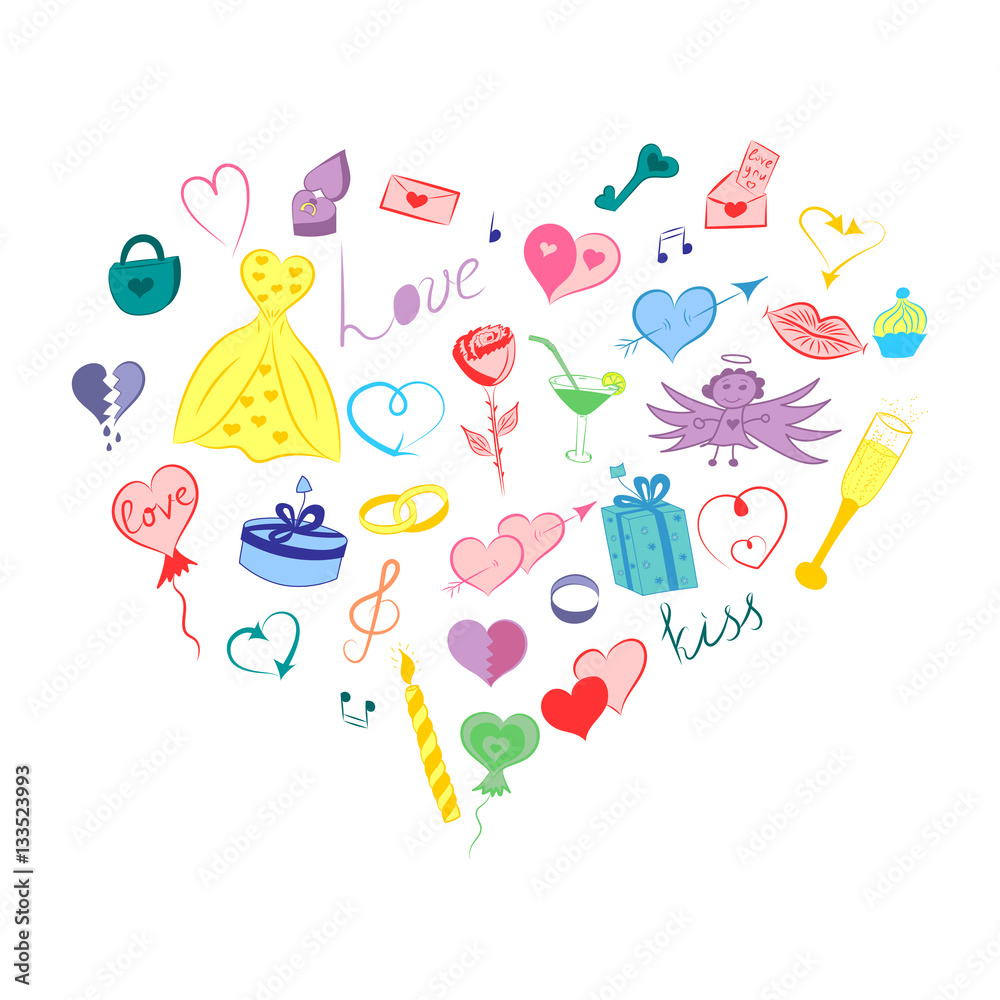 Hand Drawn Valentines Day Symbols. Children's Cute Doodle Drawings of Colorful Hearts, Gifts, Rings, Balloons Arranged in a shape of Heart. Sketch Style. Vector Illustration.