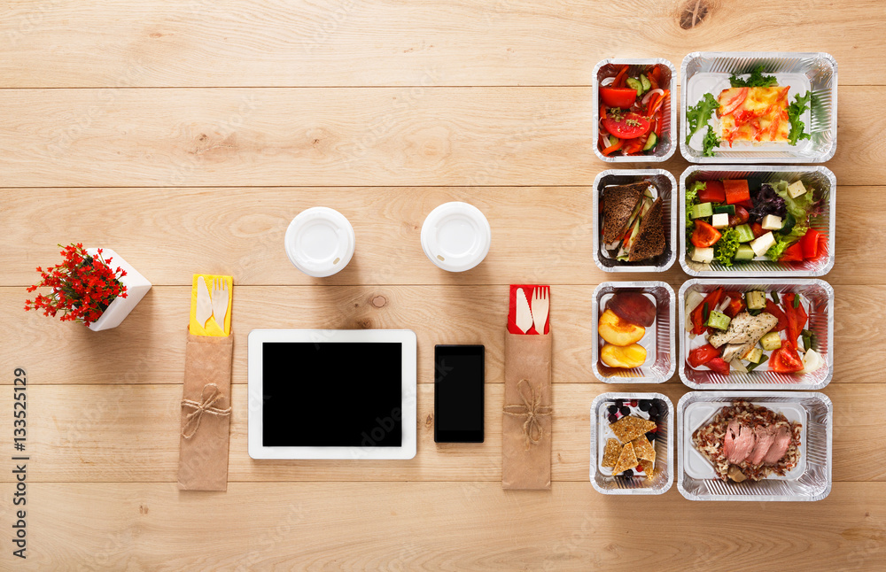 Healthy food take away in boxes, top view at wood Healthy food take away in boxes, top view at wood