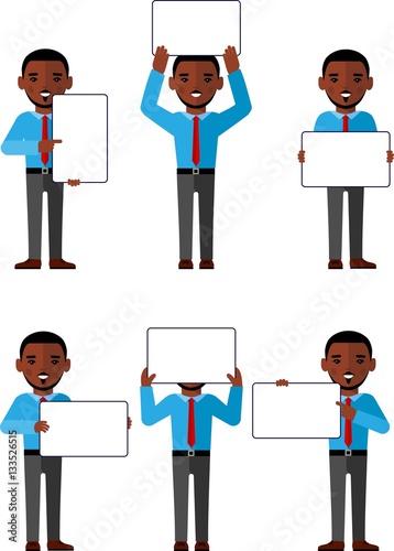 business people in different positions with white empty banners blank poster. 
