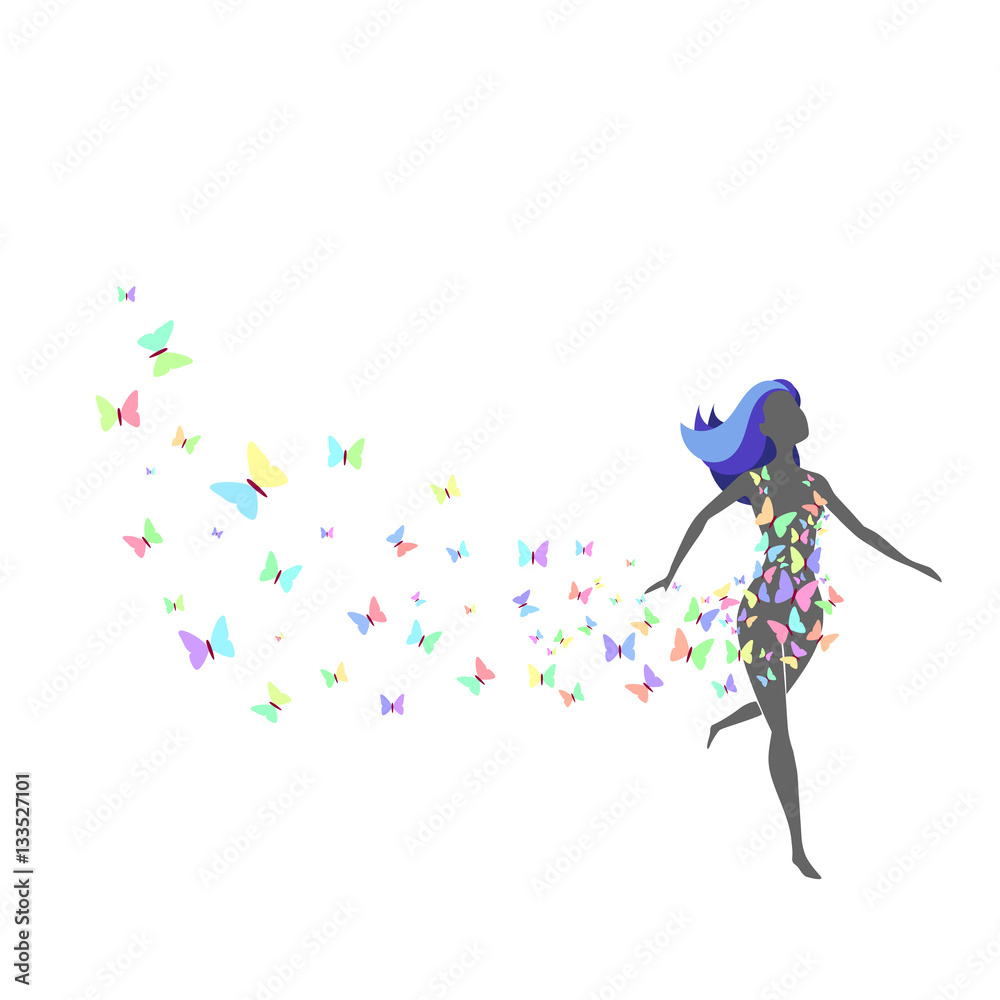Obraz premium Frau mit buntem Kleid aus Schmetterlingen