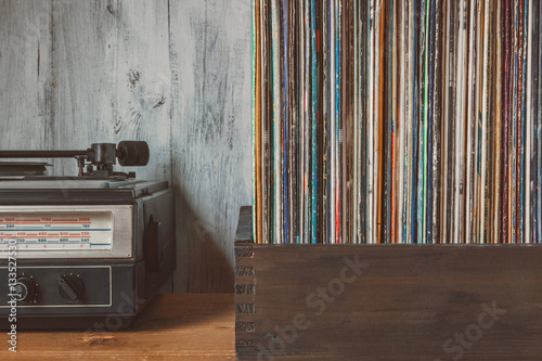 Old vinyl records and turntable