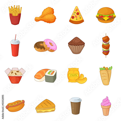 Fast food icons set, cartoon style