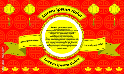 Canvas Print Yellow badge in Chinese style and yellow lantern with red background