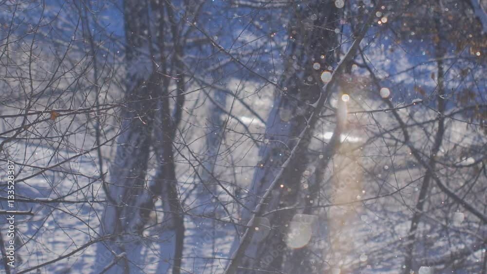 A blue background of falling snow in the rays of the sun. A blue background of falling snow in the rays of the sun.