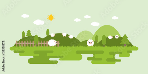 Goat farm landscape, rural landscape vector background