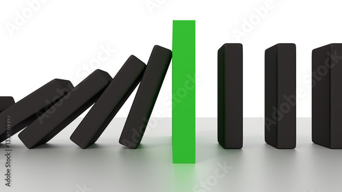Falling Domino Row With Green Stop Piece On The Desk 3d render