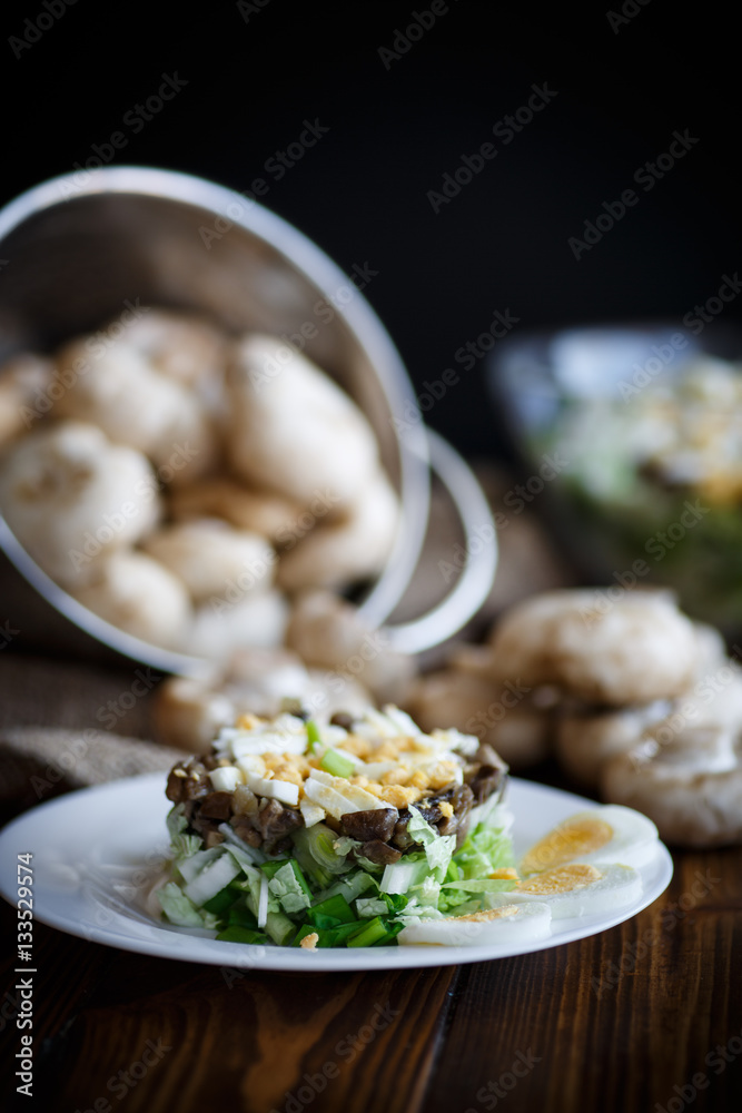 salad with cabbage, eggs and mushrooms