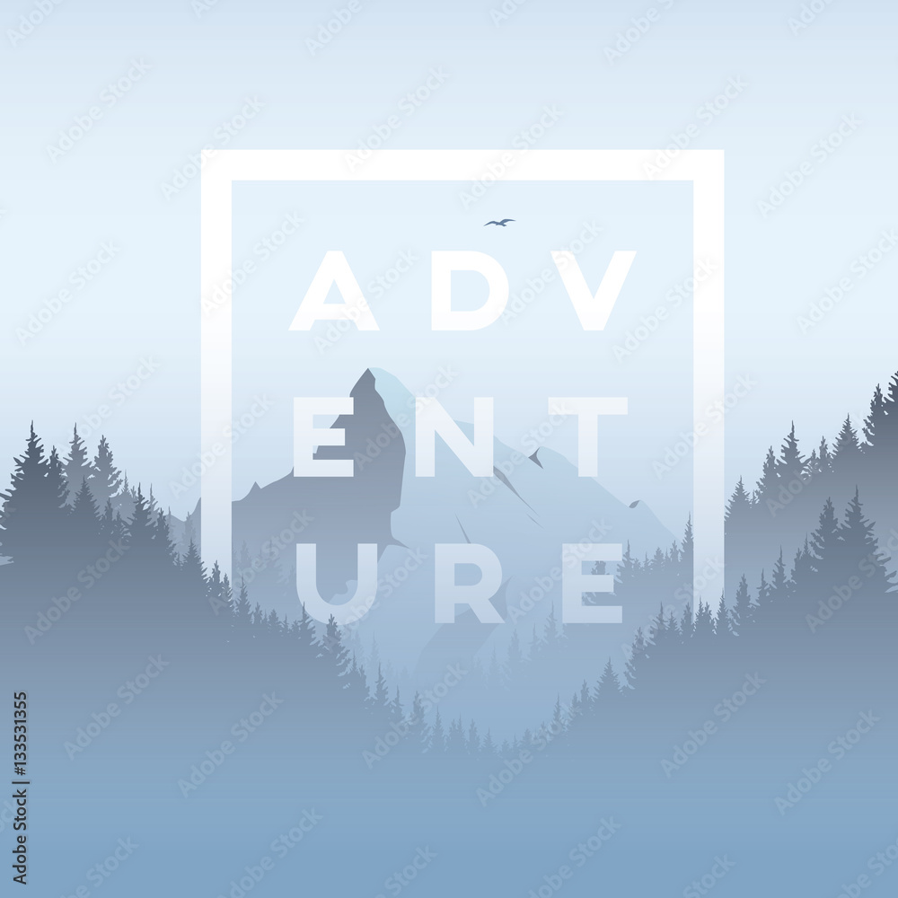 Mountain and forest landscape vector illustration with foggy, haze mountains valley. Concept of exploration, adventure.