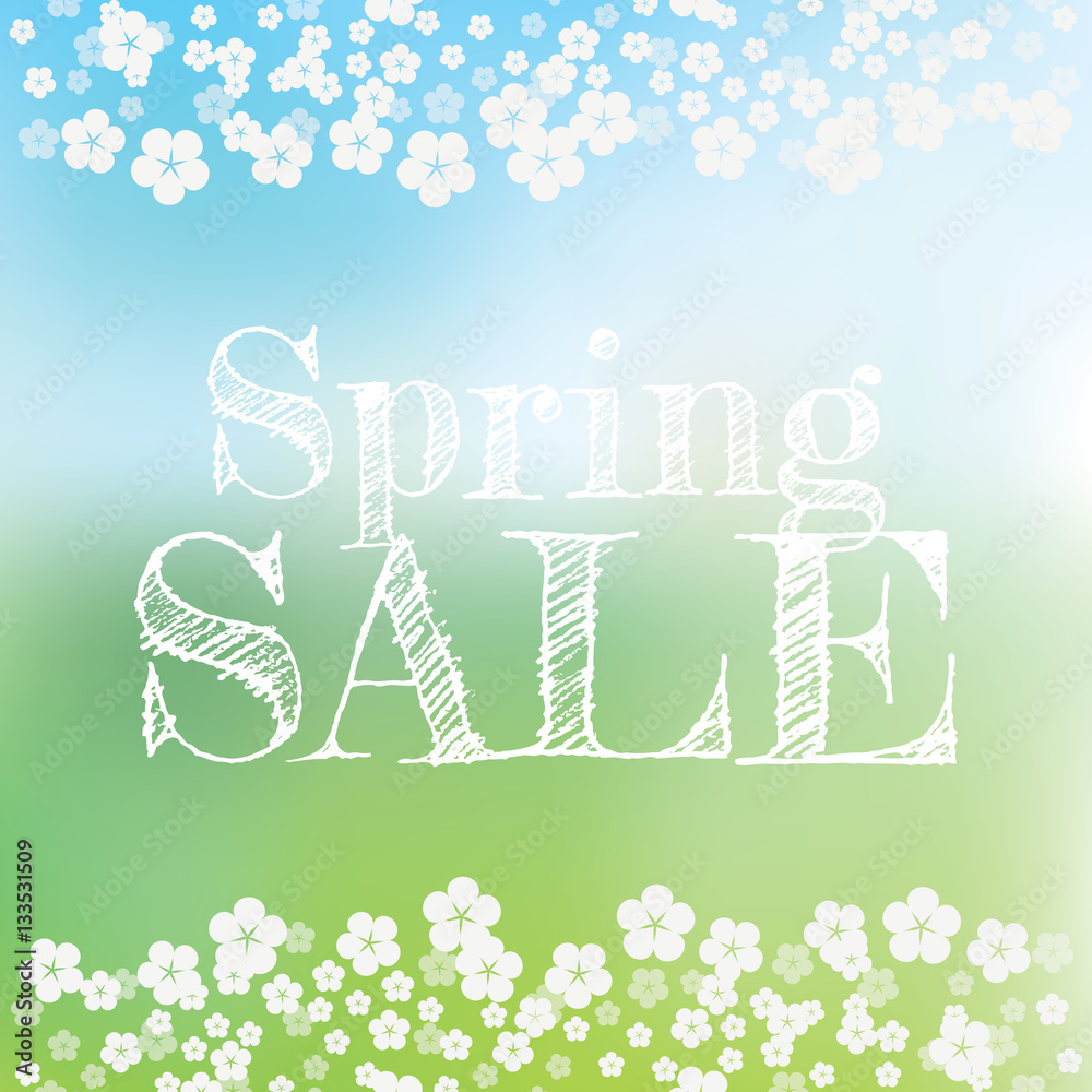 Spring sale vector banner with bokeh background and spring flowers. Handwritten typography message for promotion.