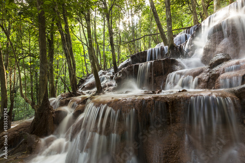 Beautiful waterfall in deep forest  Pa Wai Waterfall in tropical rain forest  Khirirat  Phop Phra  Tak  Thailand