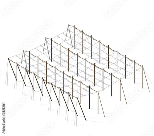 Hop-garden landscape in spring. Construction of beams and wires for growing hops. Agriculture landscape. Garden hops care constructions in rows. Hop garden farm field. Husbandry vector illustration.