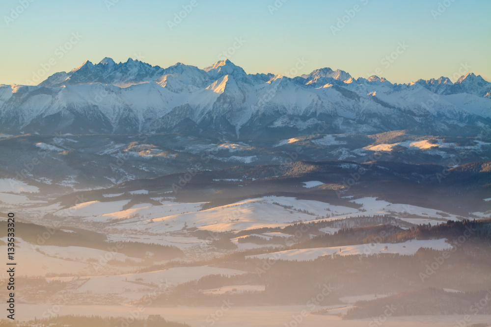 Beautiful winter view of Tatra mountains from Luban .observation tower.