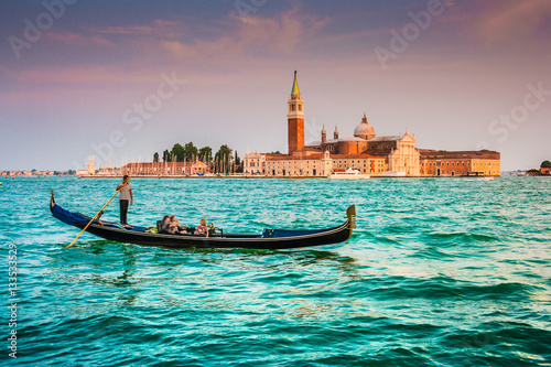 Gondola with San Giorgio Maggiore at sunset, Venice, Italy