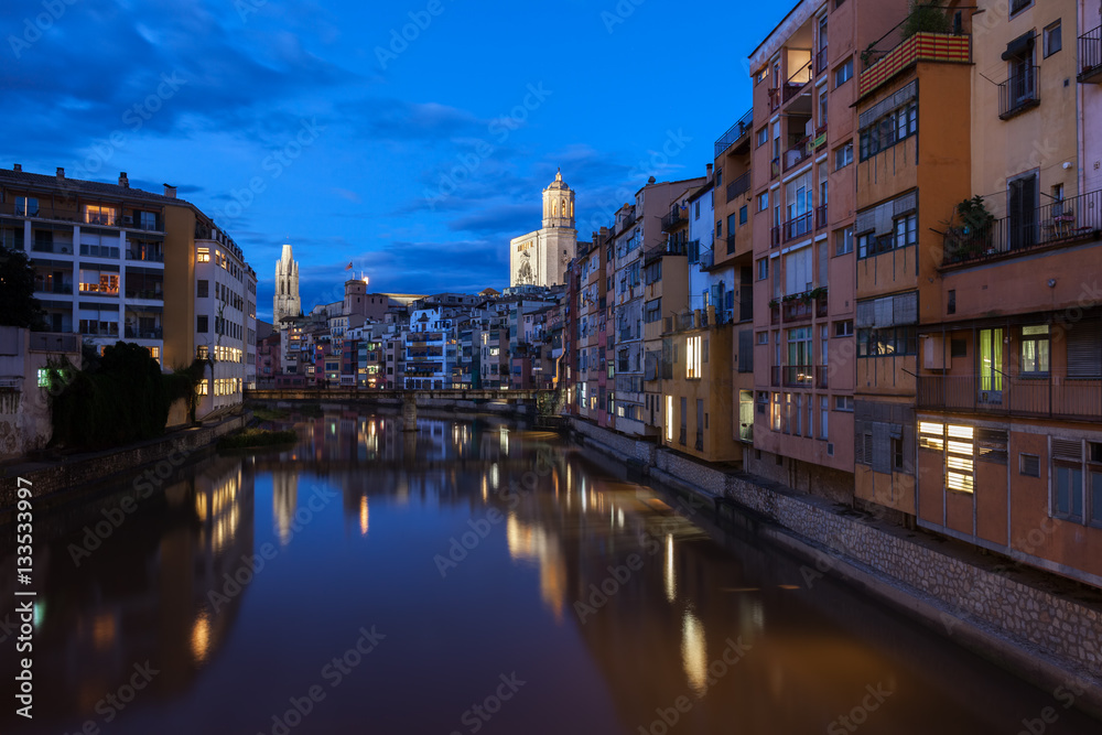 City of Girona by Night in Catalonia, Spain