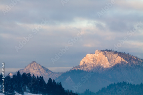 Winter panorama of Pieniny mountain with Three Crowns Peak.