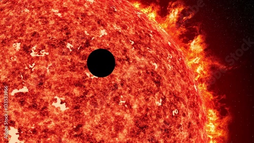 Mercury or Venus transit the sun with solar wind and coronal mass ejection in 4k UHD close up shot. 11614
