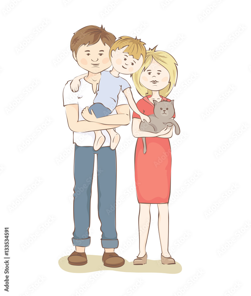 United family / Graphic vector illustration with mother, father, child and cat
