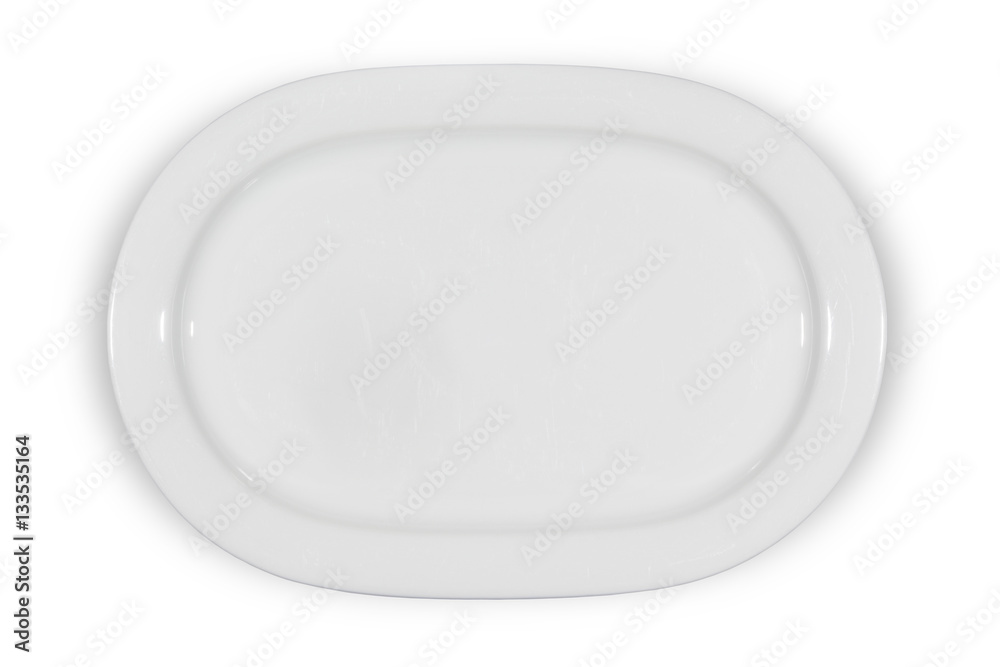 Flat white shallow porcelain oval plate with shoulders on white background directly from above Flat white shallow porcelain oval plate with shoulders on white background directly from above