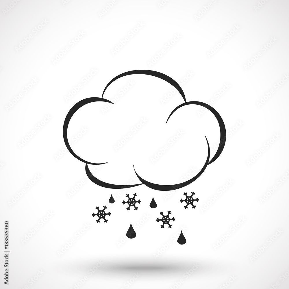 Weather icon. Cloud with rain drops and snowlakes isolated on white background. Snow symbol. Cloud symbol. Rain symbol.