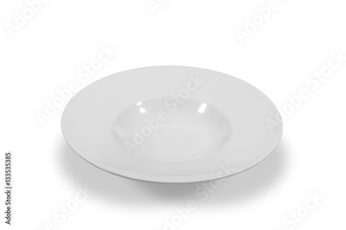 Deep white small soup plate with wide shoulders on white background from side