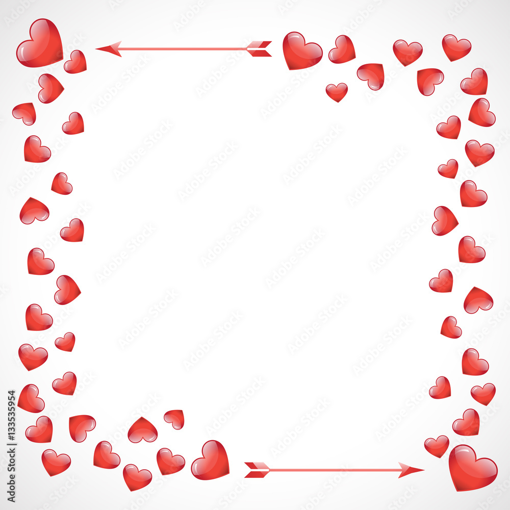 Valentine card with arrow, hearts and border. Greeting card, poster, invitation,sticker and advertisement for february event. Frame of hearts on white background.