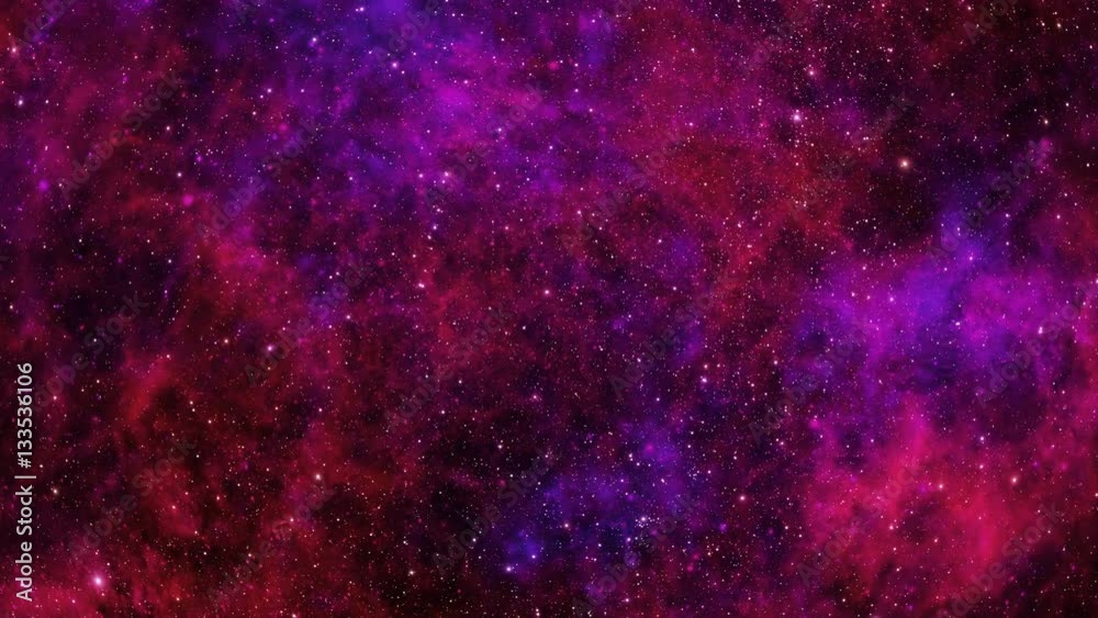 Stars fly past the viewer against a background of pink and red nebula, clouds of gas and dust in space.