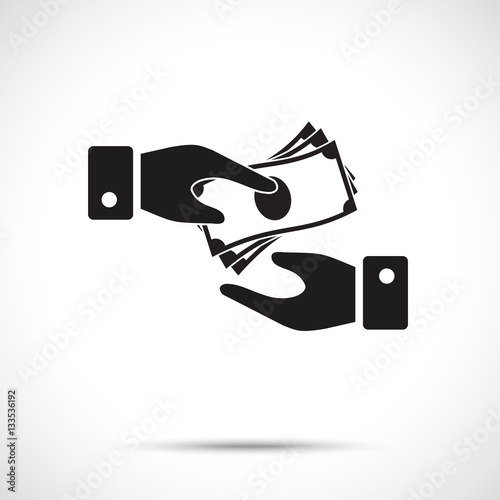Receiving Money Icon. Corruption symbol. Two vector hands, giving money. Giving a money from one hand to another.
