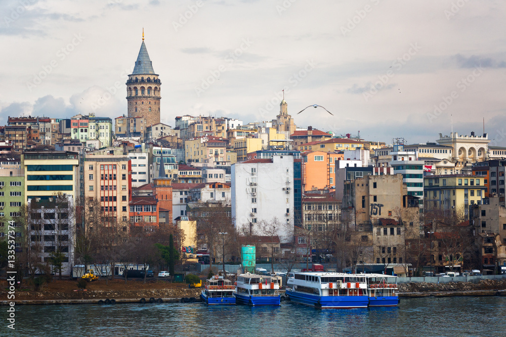 View of the passage the Gold Horn, Beyoglu's region and Galata Tower, Istanbul