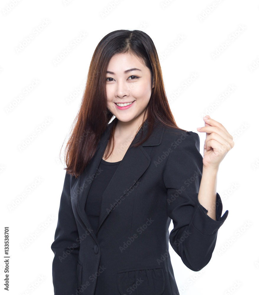 Young business woman making gesture as hand holding card isolate Young business woman making gesture as hand holding card isolate