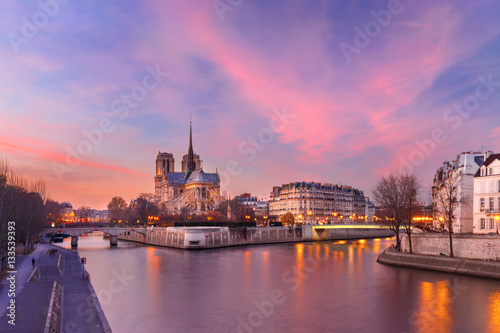 Picturesque grandiose sunset over Ile de la Cite  Seine River and Cathedral of Notre Dame de Paris  France
