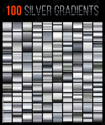 Big collection silver gradient illustration. Vector big set of silver gradients. Metallic squares collection. Silver background texture.