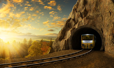 Fotobehang Trein Bergspoorlijn met trein in rotstunnel  © Vlastimil Šesták