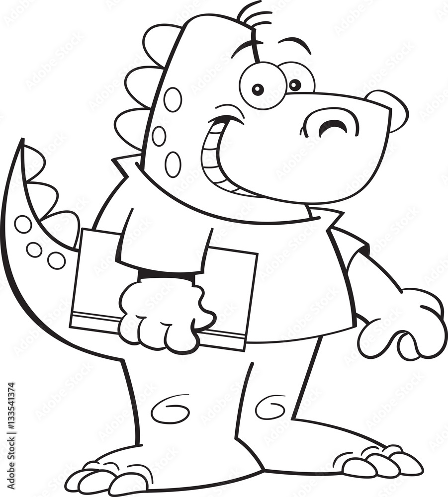 Black and white illustration of a dinosaur holding a book.