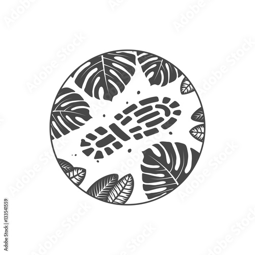 adventure theme emblem, boot print on jungle ground, illustration on a white background