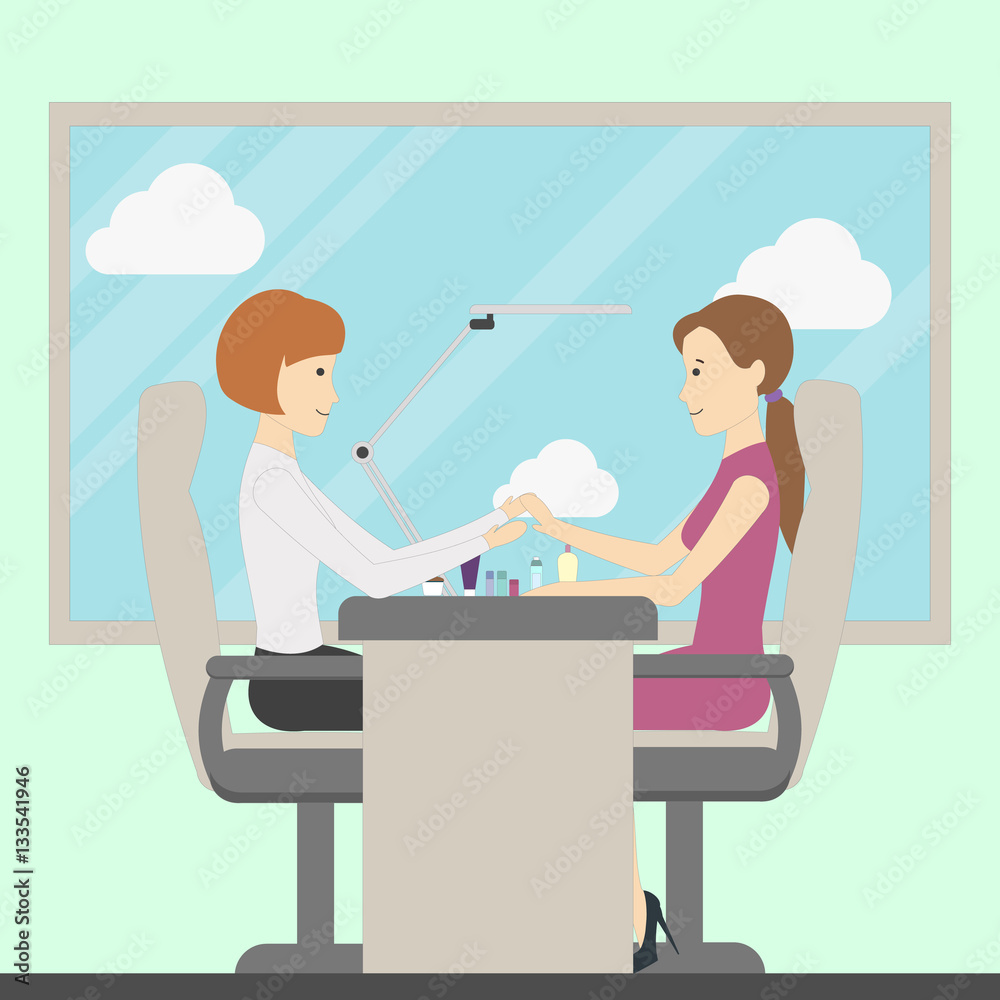 Manicure in salon. Woman makes manicure to another woman. Fashion and spa. Salon interior. Manicure in salon. Woman makes manicure to another woman. Fashion and spa. Salon interior.