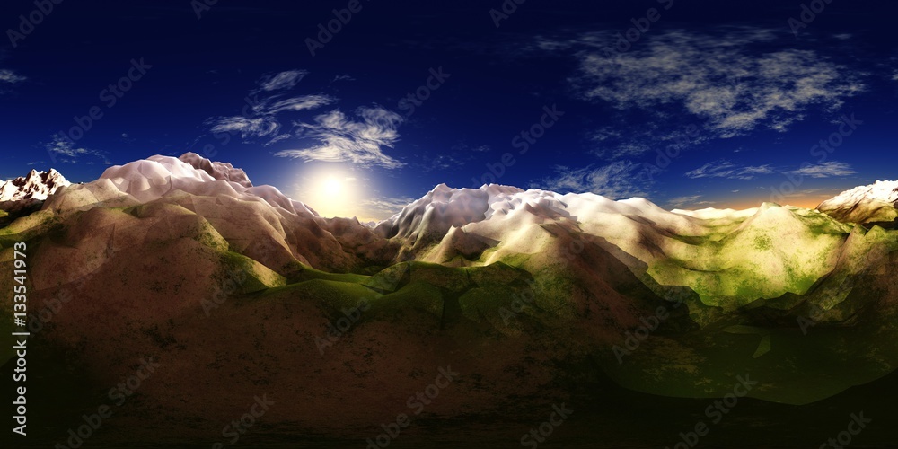 HDRI. Environment map. Mountains under the sky with the sun and clouds ...