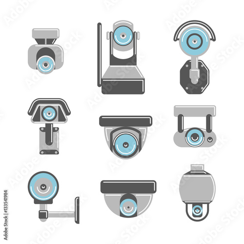 CCTV cameras set on white background. Concept of safety, guardiance and security.