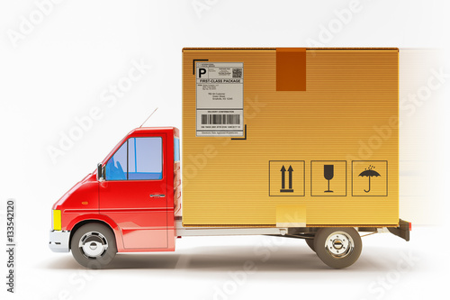 Package express delivery service, freight transportation and cargo shipping concept, truck with cardboard box isolated on white background © Cybrain