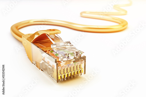 Network connection, internet communication and computer technology concept, closeup view of ethernet cable plug connector isolated on white