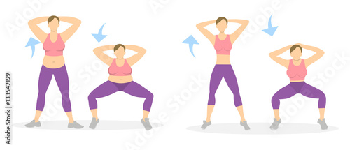 Squats exercise for legs on white background. Healthy lifestyle. Workout for legs. Exercises for women. From fat to skinny.