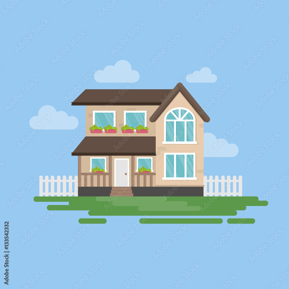 Isolated house illustartion. Exterior with clouds, grass and fence. Simple  cartoon house. Stock Vector | Adobe Stock