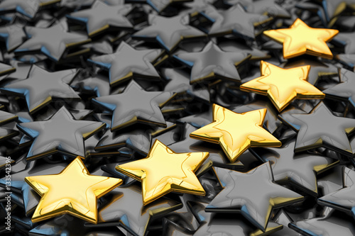 Quality rating, performance review, ranking, evaluation and classification concept, five golden stars shapes on black background