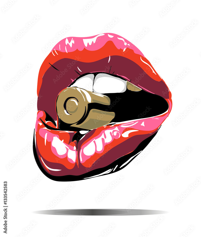 Red lips with shadow isolated. Red lips with bullet. Red lips on black