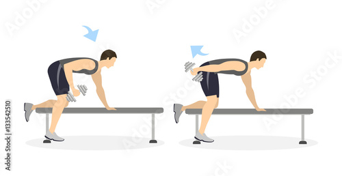 Arm exercise for men on white background. Crossfit and fitness. Exercise with dumbbell on bench. Exercise for men.