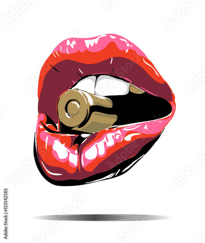 Red lips with shadow isolated. Red lips with bullet. Red lips on black. Sexy biting red lips. Abstract lipstick in the open mouth with gold metal bullet. Vector- illustration.
