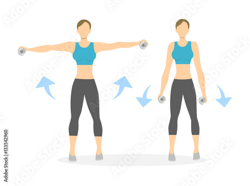 Arms exercise for women on white background. Workout for arms and shoulders with dumbbels. Hands rising.