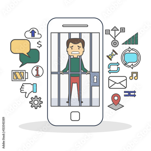 Man with smartphone addiction. Scared man in cage on the screen. Icons as message bubbles, dislike, connection and battery.