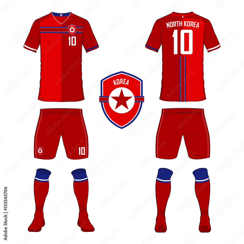 Set of soccer jersey or football kit template for North Korea national  football team. Front and back view soccer uniform. Sport shirt mock up.  Vector Illustration Stock Vector | Adobe Stock