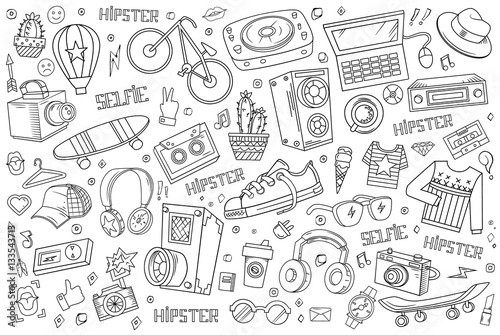 Hipster vector abstract illustration in cartoon style. Comics hand drawn elements and icons. Templates hipster elements for your design or background.